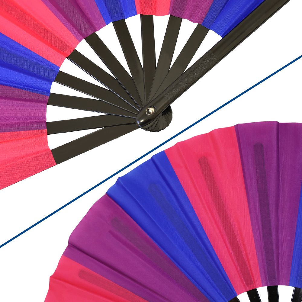 A large folding hand fan with bisexual pride colors.