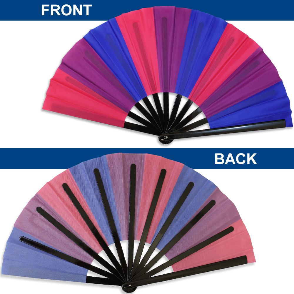 A large folding hand fan with bisexual pride colors, shown open from the front and back.