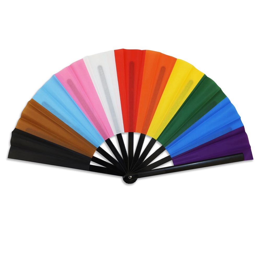 A large folding hand fan with the Progress Pride flag colors.