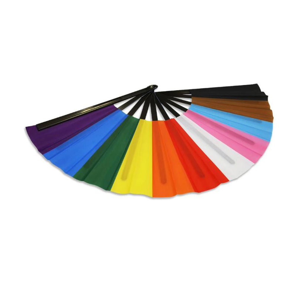 A large folding hand fan with a Progress Pride flag design.