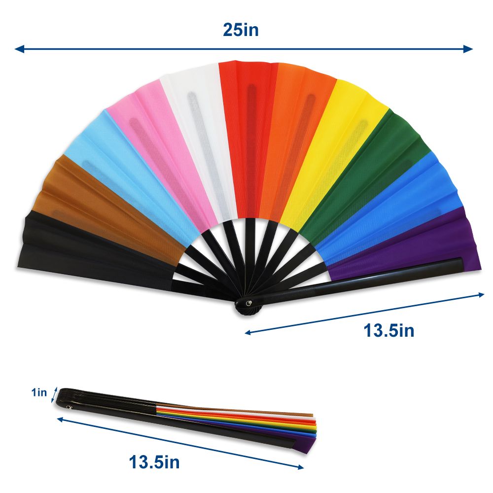 A large, colorful folding hand fan with a Progress Pride flag design.