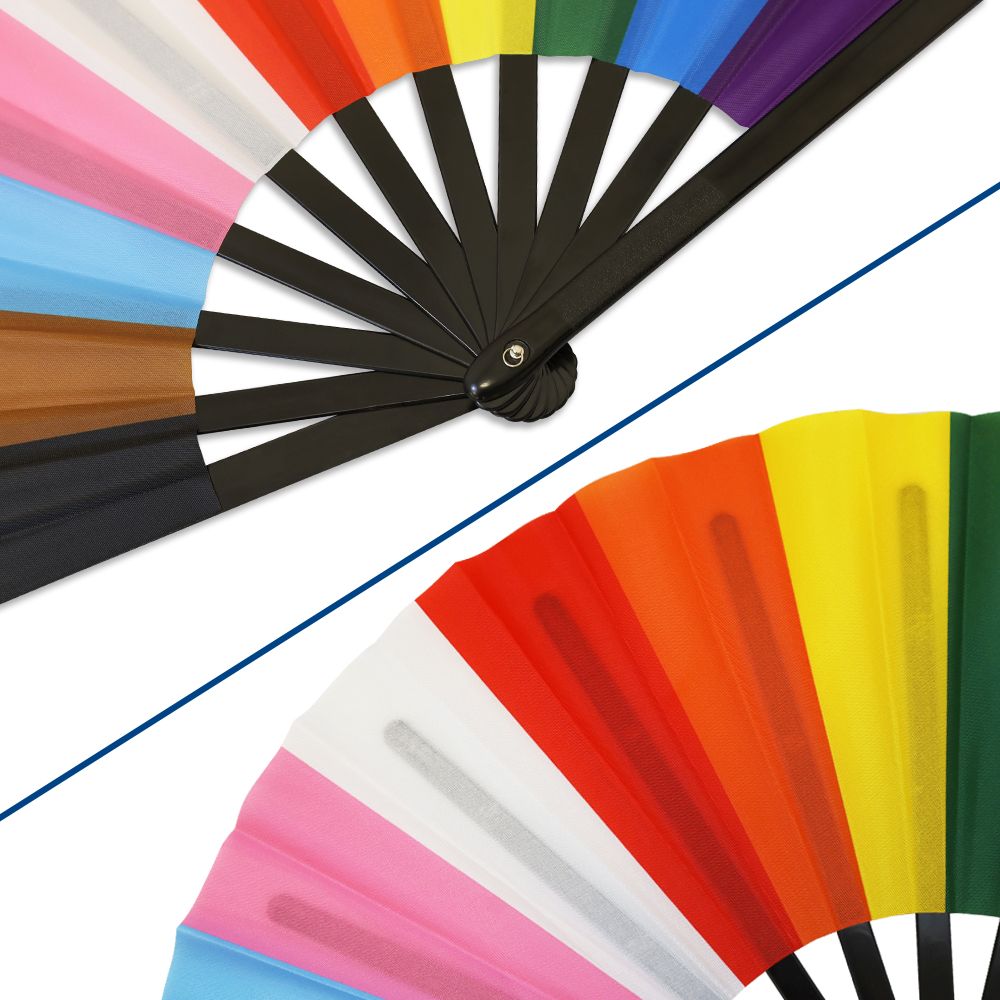 A large folding hand fan with the Progress Pride flag colors.
