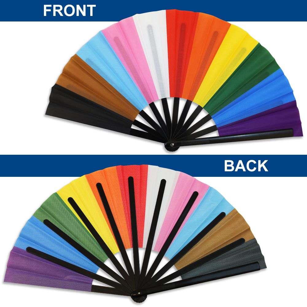 A large folding hand fan with the Progress Pride flag design.