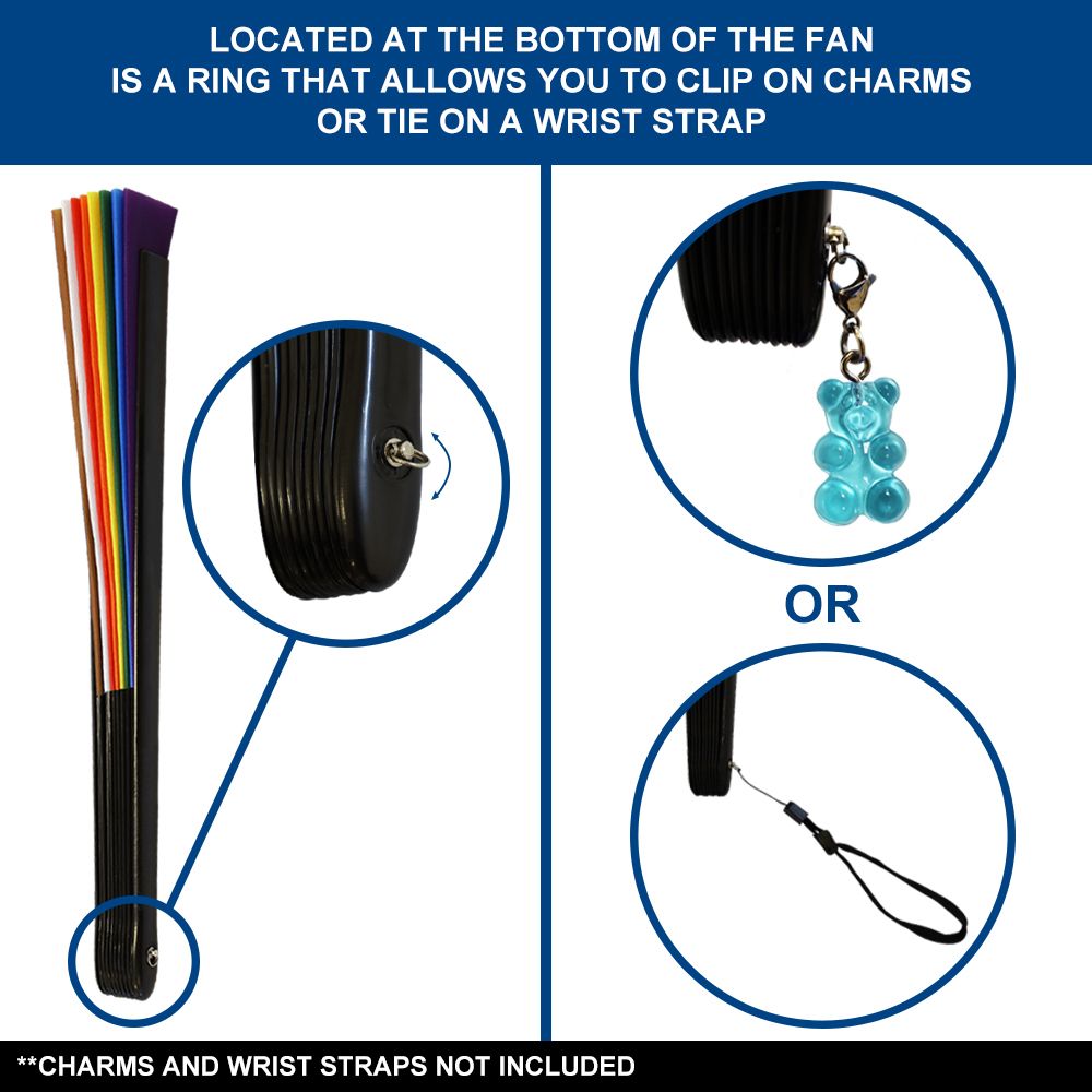 A folding fan with a charm loop at the bottom for personalization.