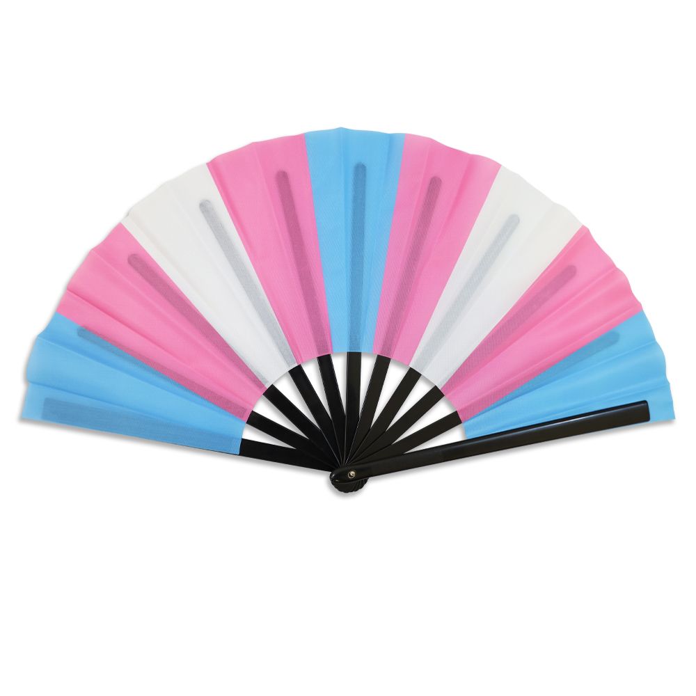 A folding hand fan with transgender pride flag colors.