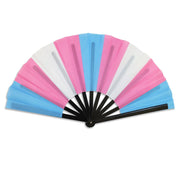 A folding hand fan with transgender pride flag colors.