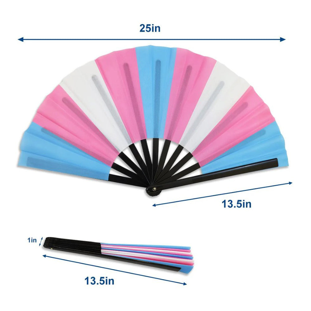 A large, folding hand fan with transgender pride colors, measuring 25 inches when open.