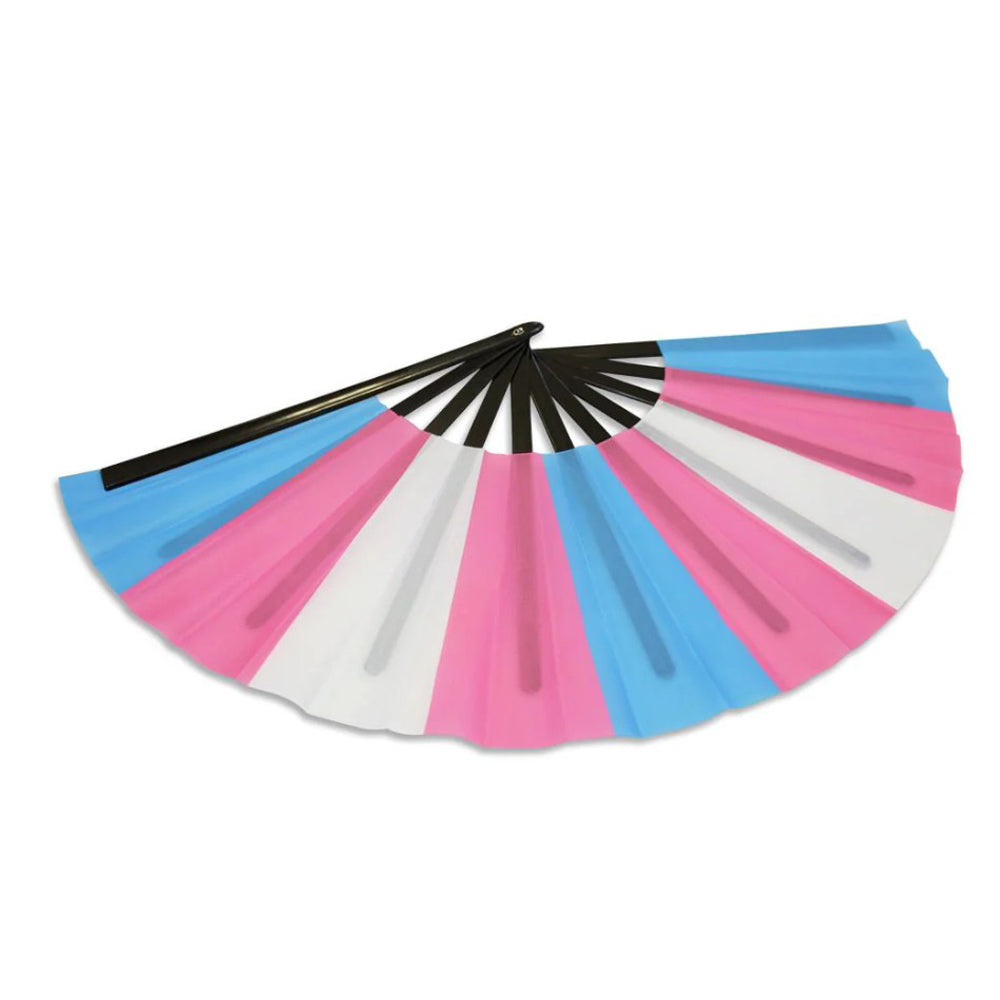 A large folding hand fan with the transgender pride flag colors.