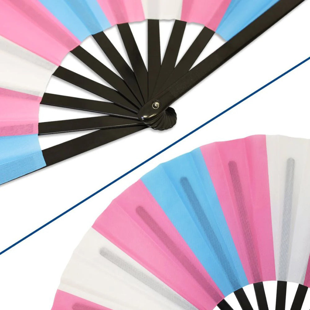 A folding hand fan with transgender pride colors.