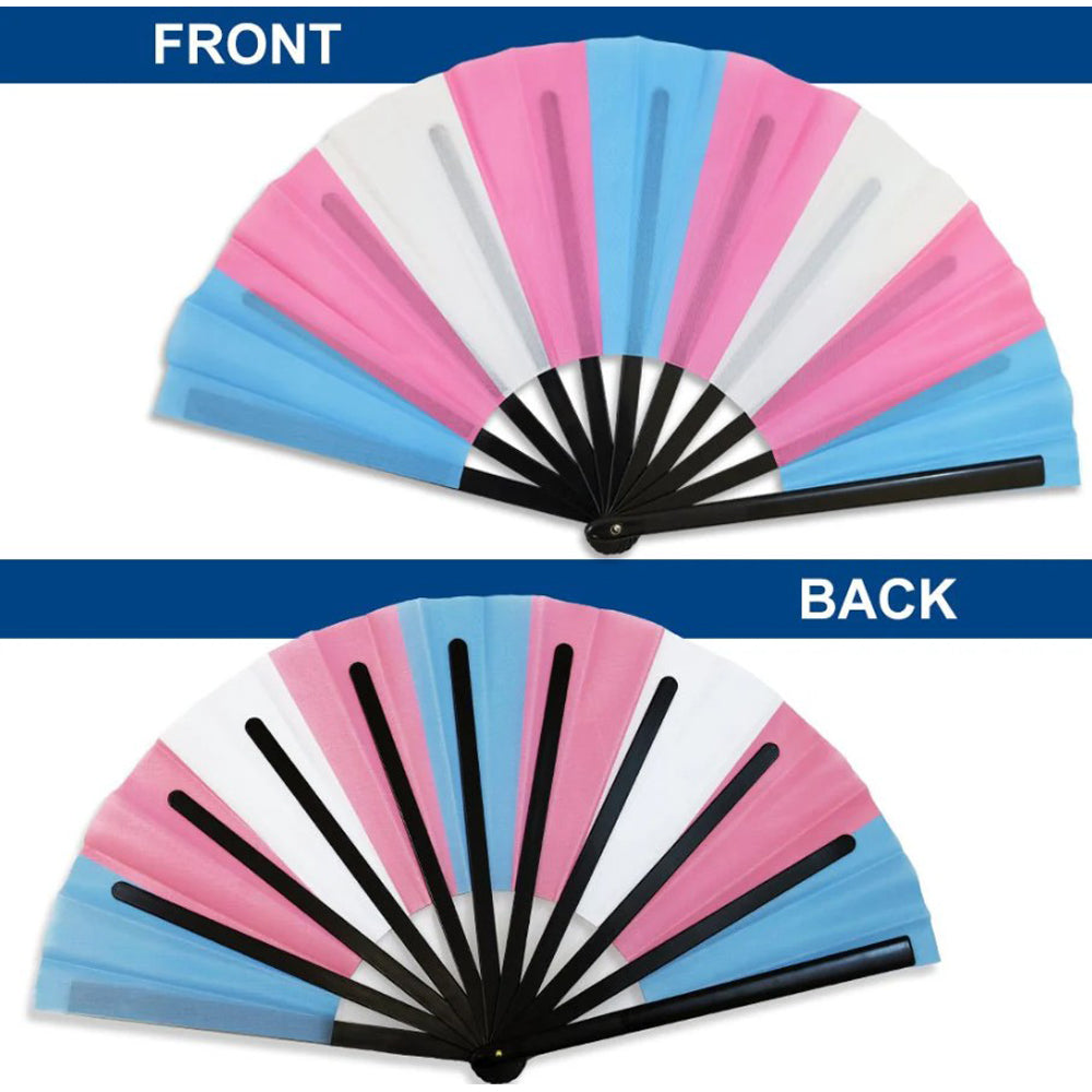 Transgender pride folding hand fan with pink, blue, and white panels.
