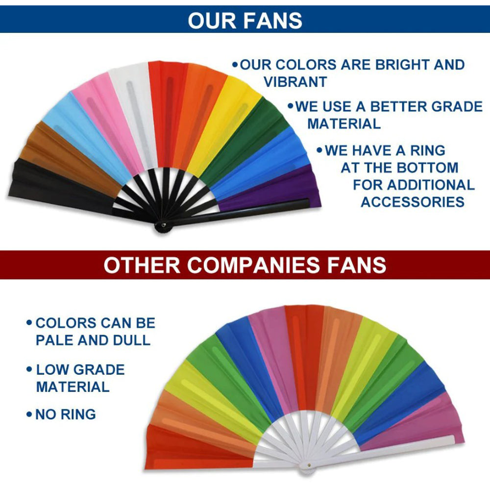 A large folding hand fan with bright, vibrant transgender pride colors.