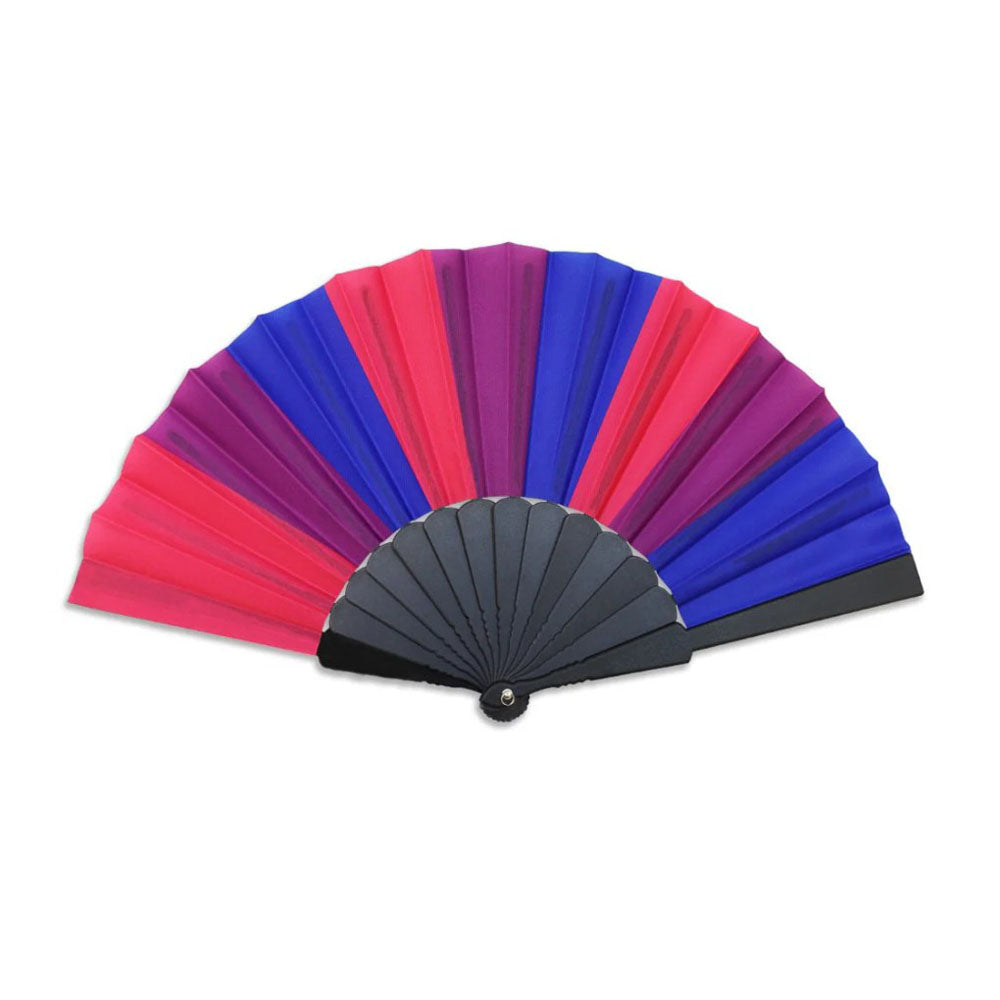 A bisexual pride hand fan with pink, purple, and blue fabric panels.