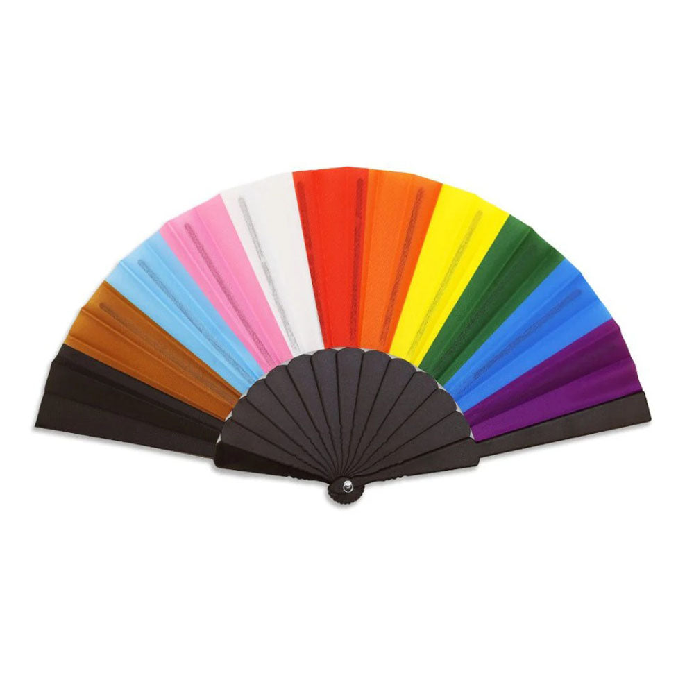 A Progress Pride hand fan with colorful polyester panels and a black handle.