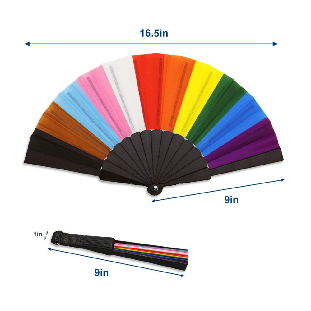 A 16.5 inch Progress Pride folding fan with a black handle.
