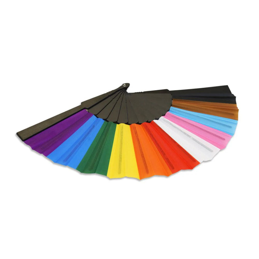 A fan with multiple colored panels in a rainbow pattern.