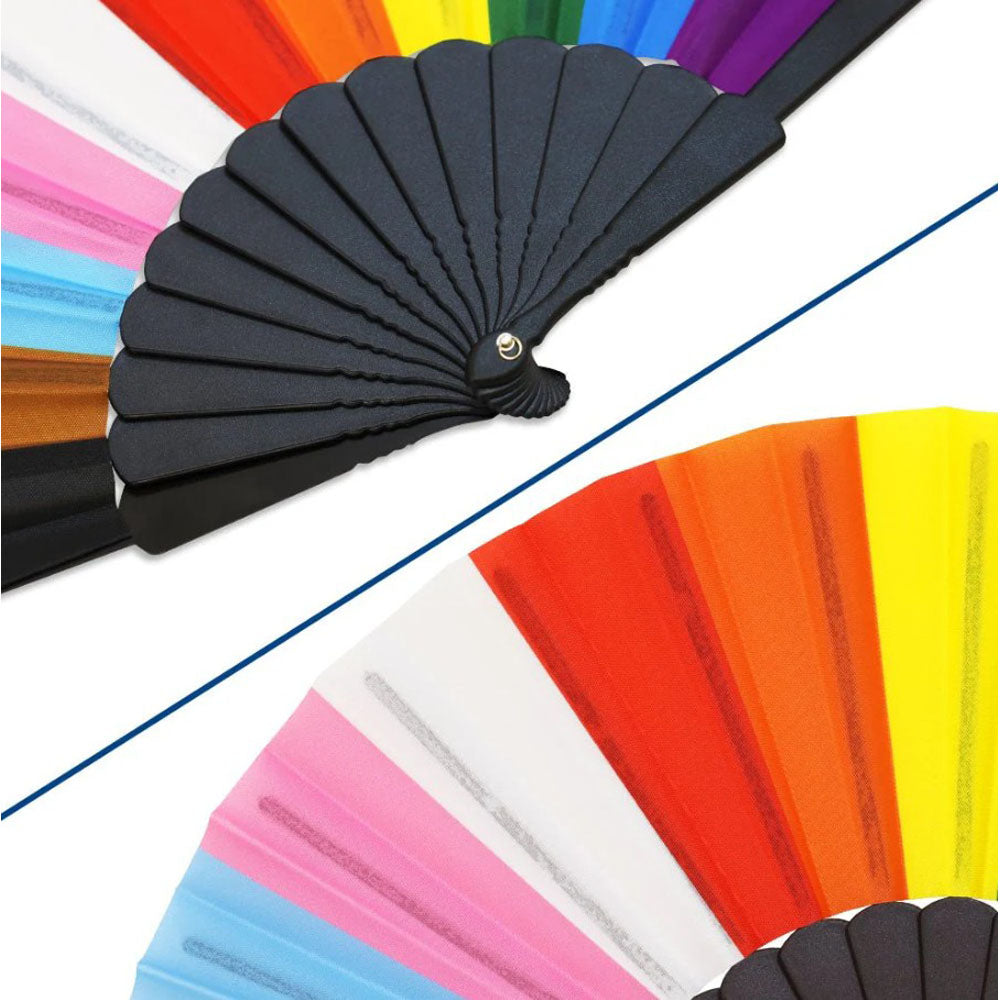 A black folding fan with colorful Progress Pride flag panels.