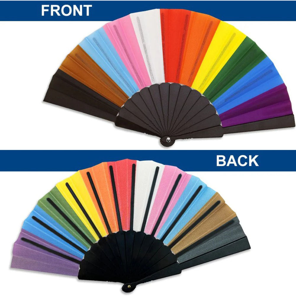 Two colorful Progress Pride fans, one front and one back view.