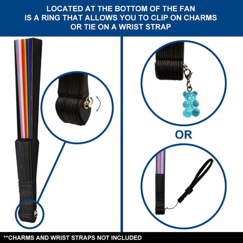 A Progress Pride hand fan with a charm loop for personalization.