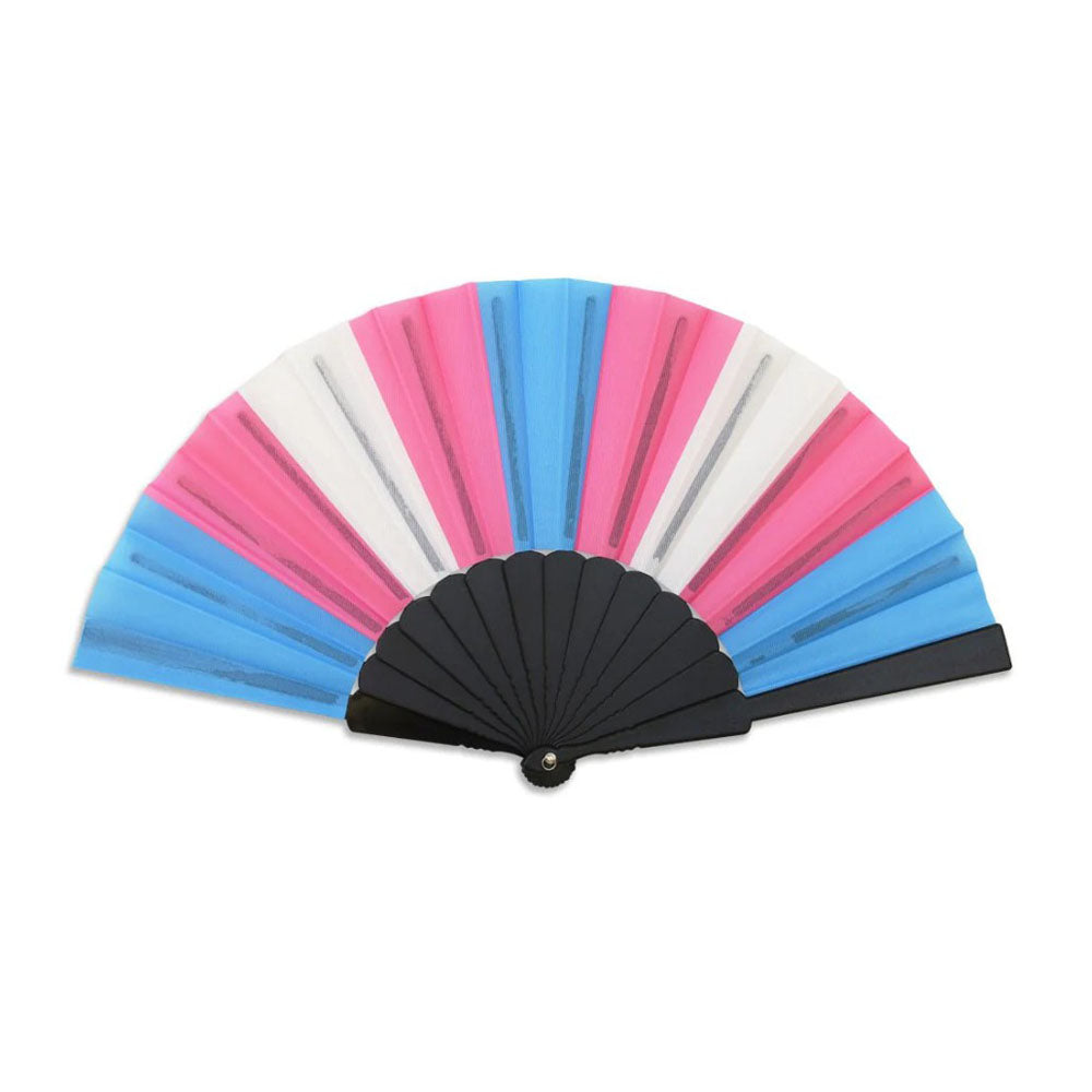 A transgender pride hand fan with pink, white, and blue stripes.
