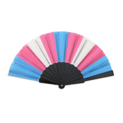 A transgender pride hand fan with pink, white, and blue stripes.