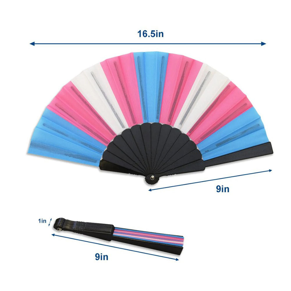 A 16.5 inch transgender pride folding hand fan.