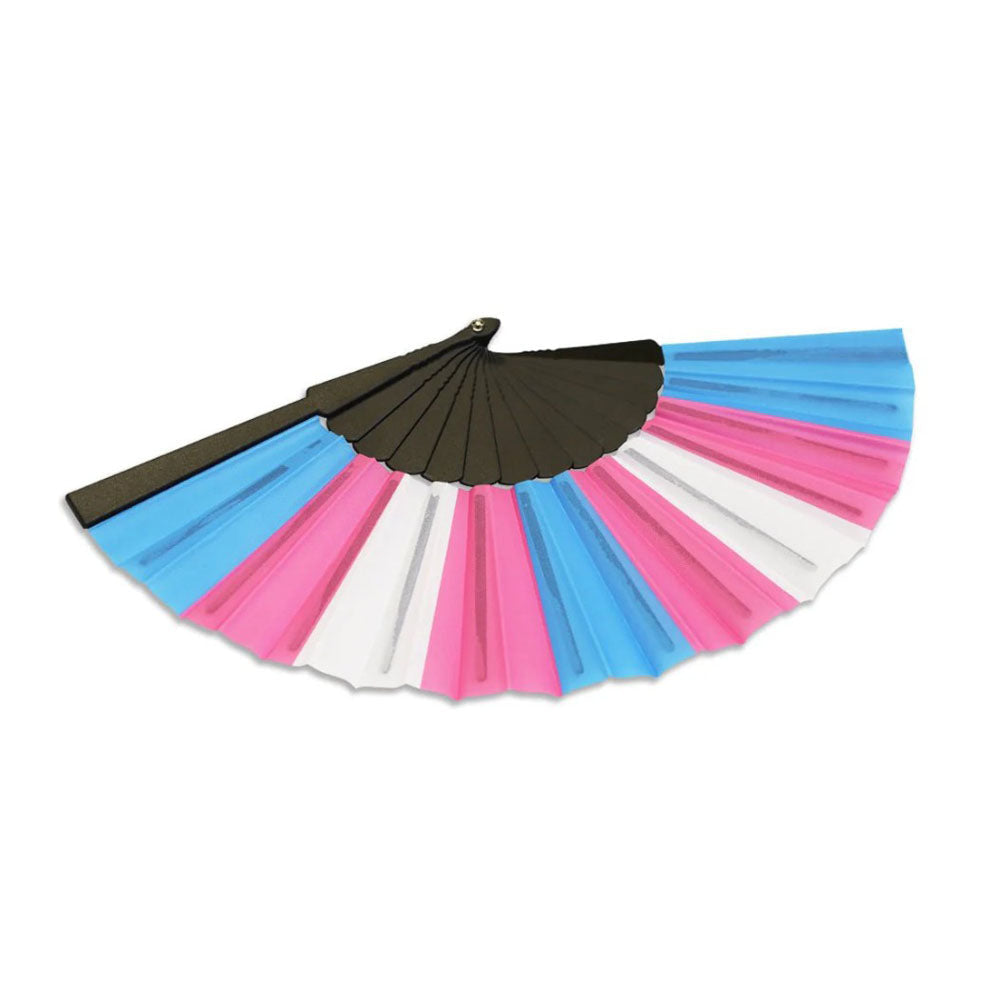 A folding hand fan with transgender pride flag colors.