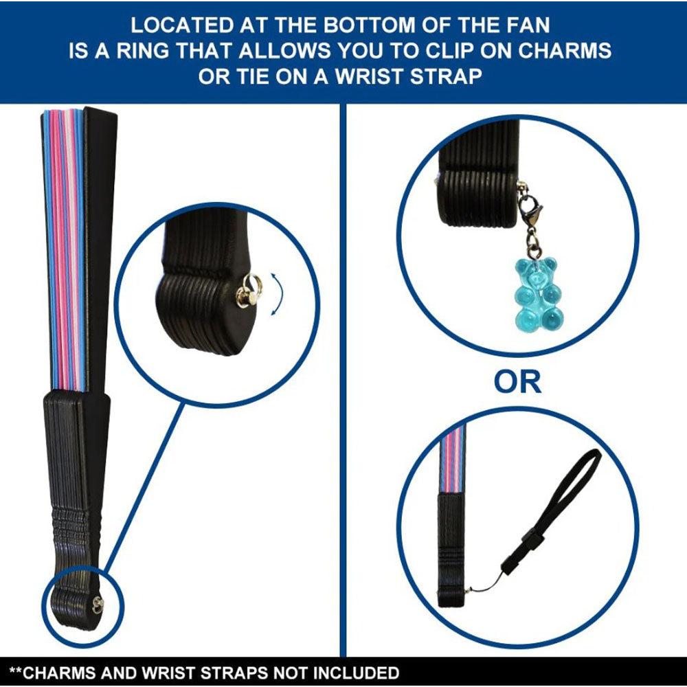 Transgender Pride hand fan with a charm loop for personalization.