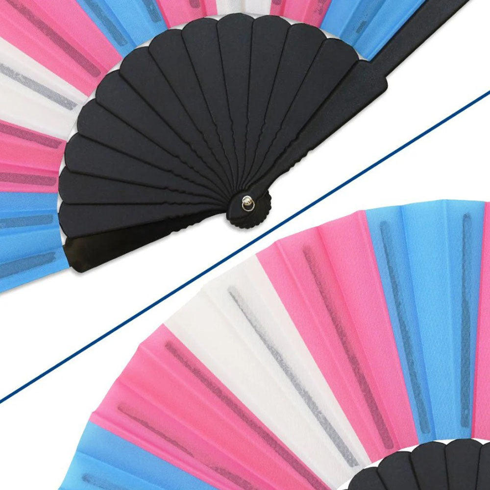A black and pink, white, and blue transgender pride folding hand fan.
