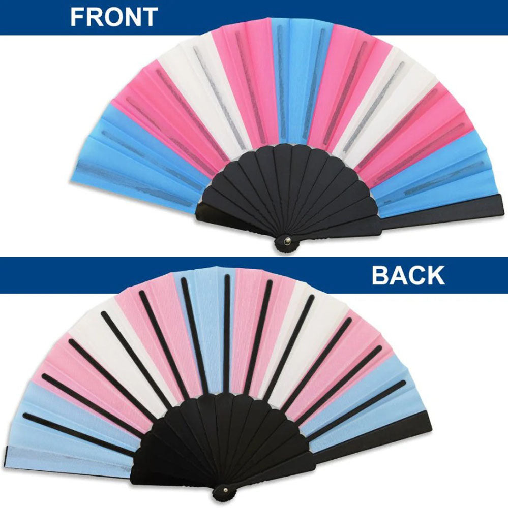 A transgender pride folding fan with pink, white, and blue stripes.