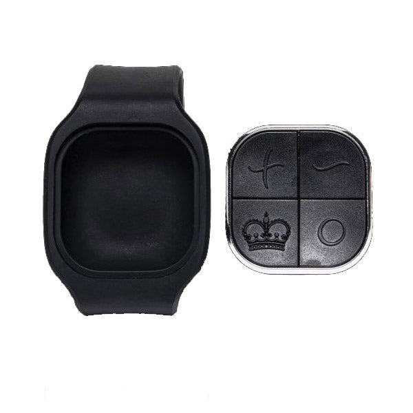 Black wrist strap and remote control for a male masturbator.