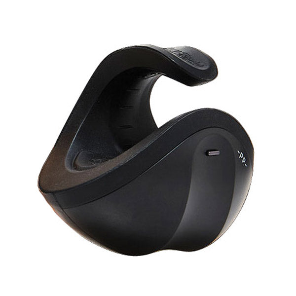 A black, curved male vibrator with a flexible arm and a button.