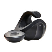 Black remote-controlled rechargeable stroker with a flexible arm and a separate remote.