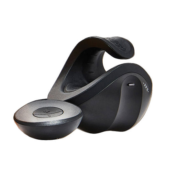 Black remote-controlled rechargeable stroker with a flexible arm and a separate remote.