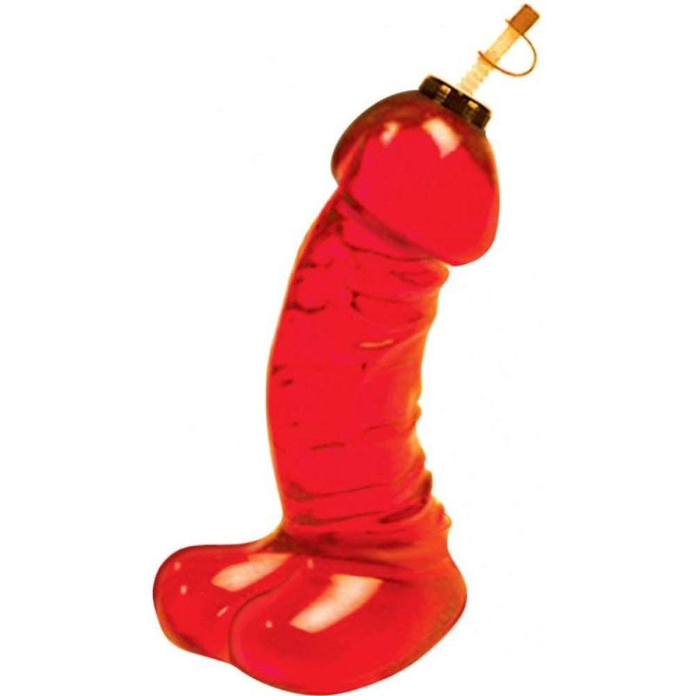 Red penis-shaped 16 oz novelty sports bottle with straw and handle.