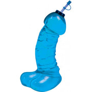 Blue 16 oz penis-shaped sports bottle with straw lid.