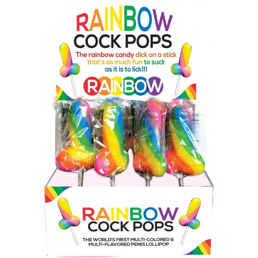 Rainbow cock pops candy lollipops in a box.