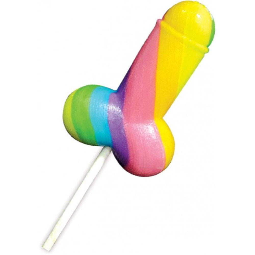 Box of 12 rainbow-striped fruity lollipops with playful phallic shape.
