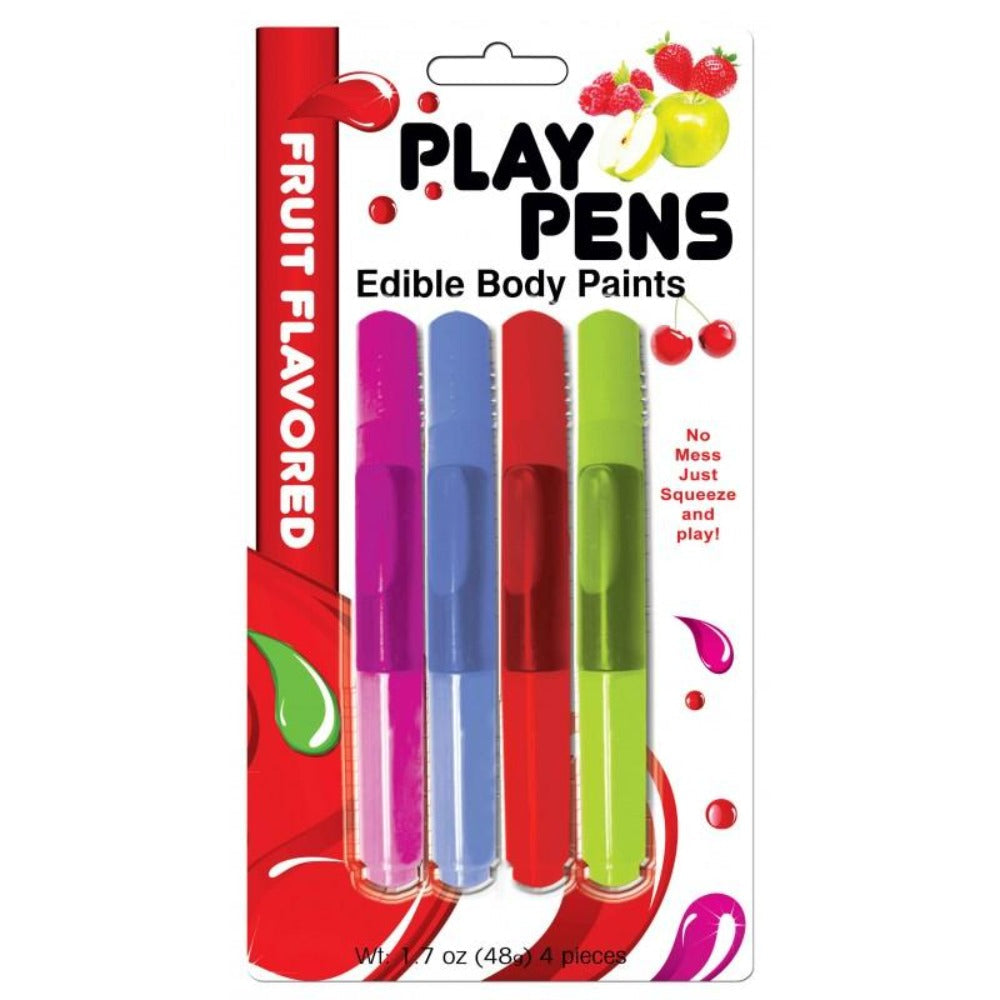 Four fruit-flavored edible body paint pens in a package.