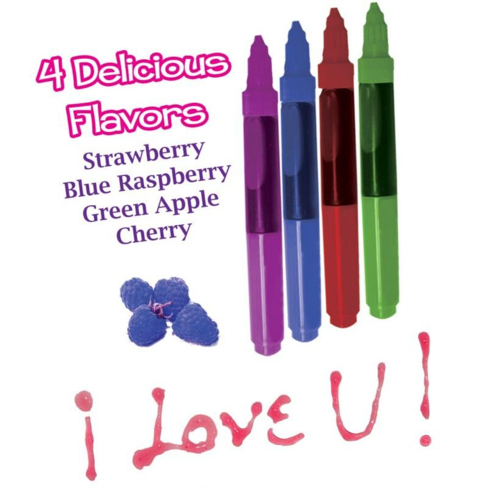 Four edible body paint pens in strawberry, blue raspberry, green apple, and cherry flavors.