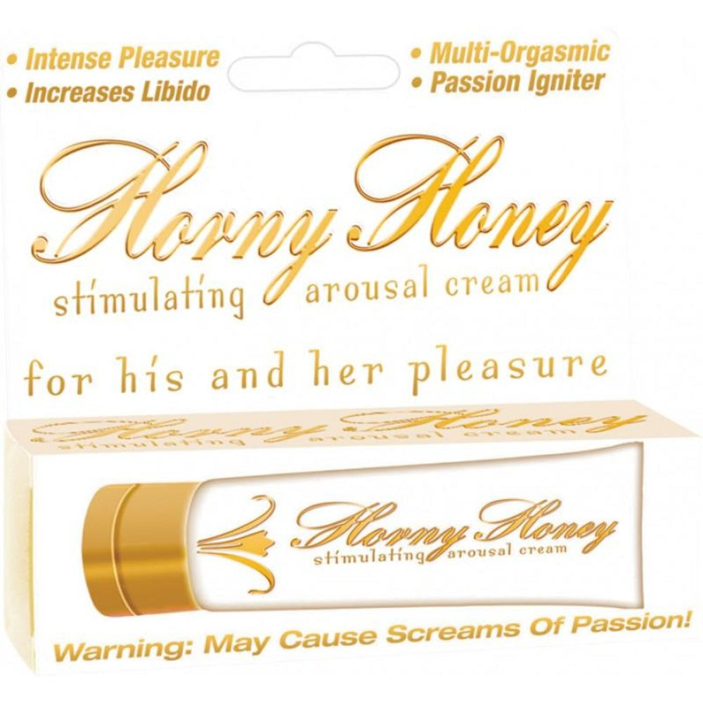 Horny Honey stimulating arousal cream in a gold and white tube.