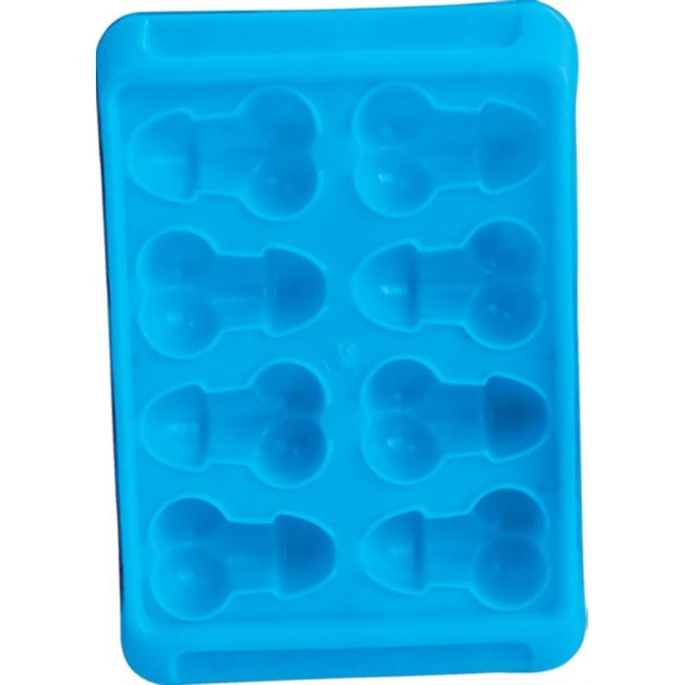 A blue ice cube tray with eight penis-shaped molds.