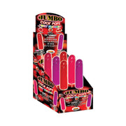 Jumbo fruit flavored cock pops lollipops in a display box.