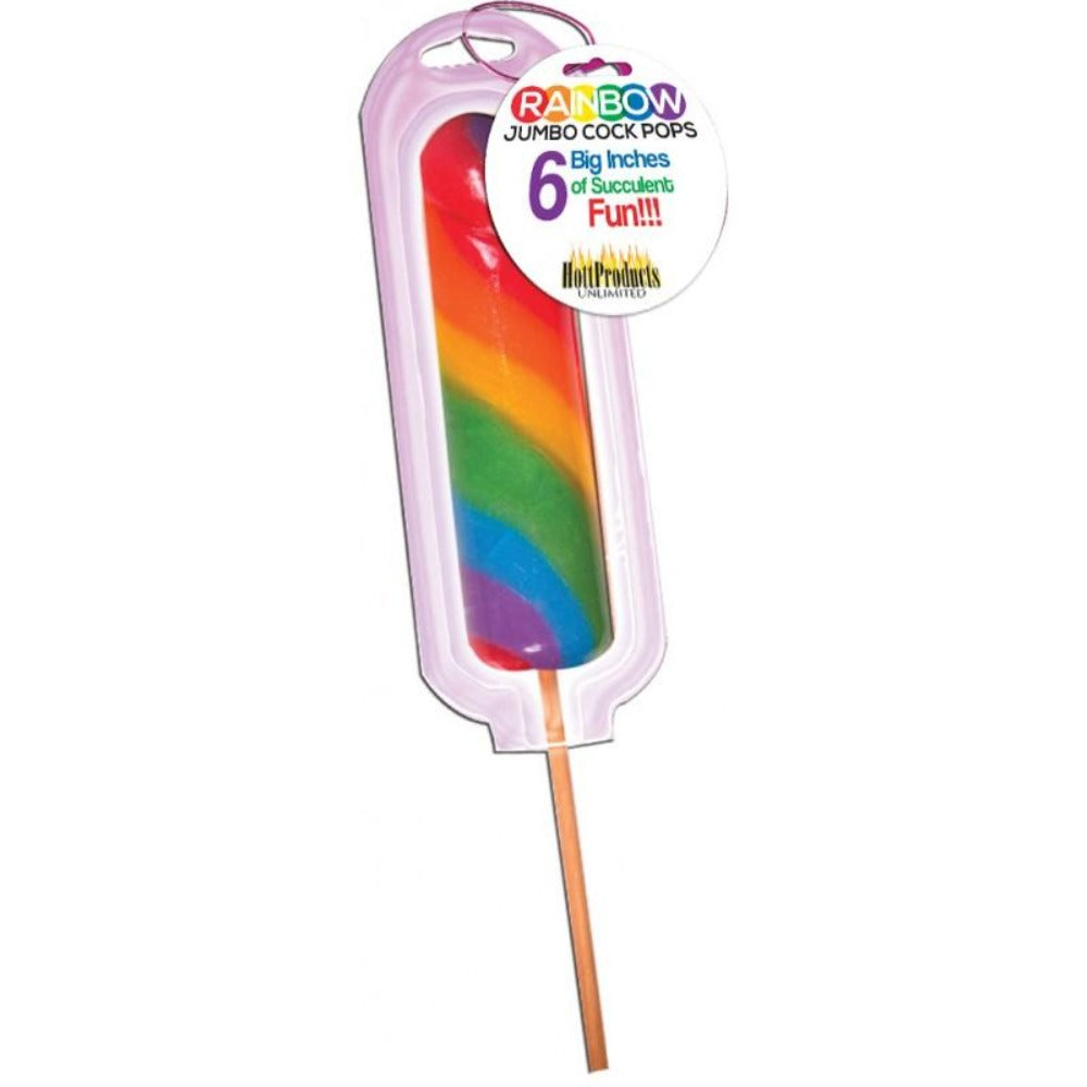 Rainbow jumbo lollipop in packaging with "6 Big Inches of Succulent Fun" text.