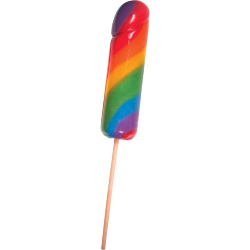 A rainbow-colored, penis-shaped lollipop on a stick.