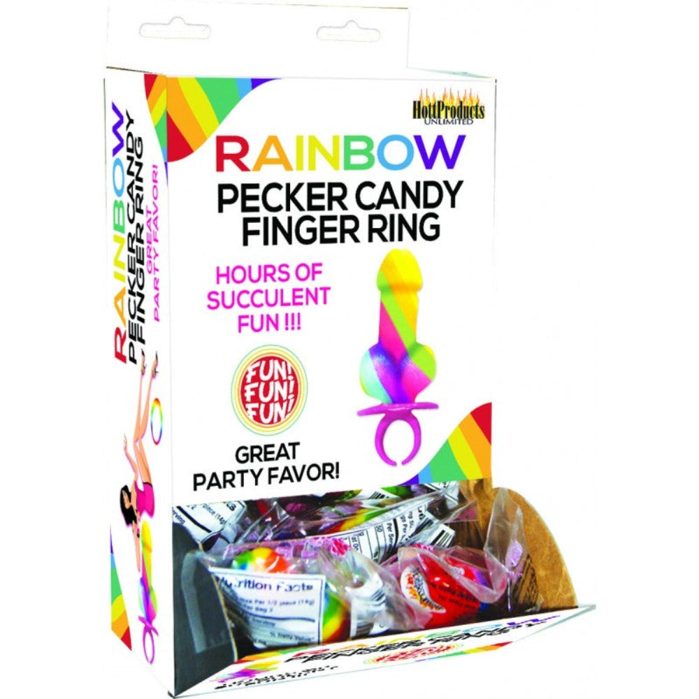 Rainbow candy cock ring party favor display with 12 individually packaged rings.