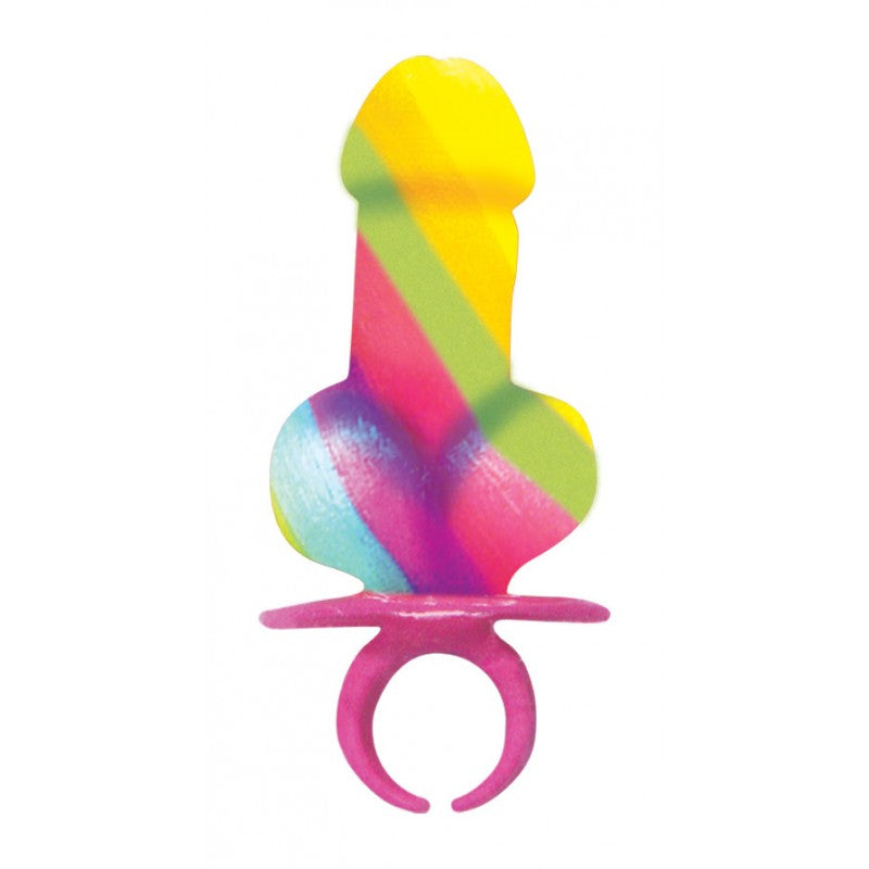 Rainbow candy cock ring with a pink ring base.