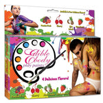 Edible body play paints kit with brush and stencil, featuring four flavors.