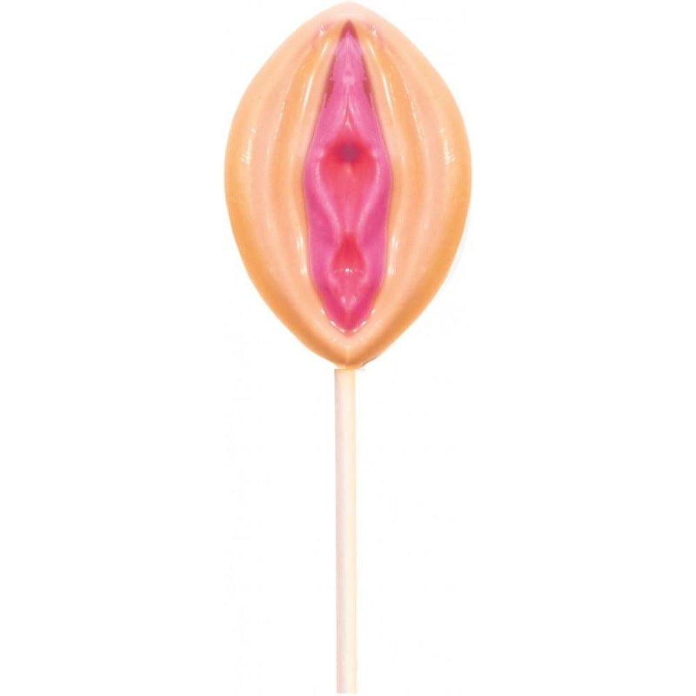 Strawberry pussy shaped hard candy lollipop on a stick.
