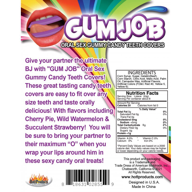 Gummy Candy Teeth Covers in assorted fruit flavors with a mouth graphic.