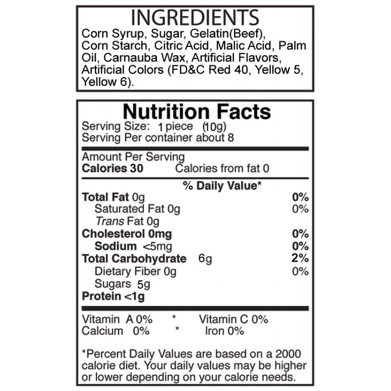 Nutrition facts and ingredients for assorted fruit flavored gummy candy teeth covers.